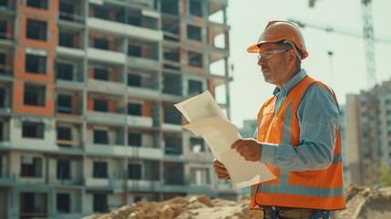 Poster - portrait of foreman worker plan working for the outdoors building construction site.