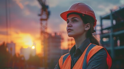 Poster - Female construction worker in a helmet and vest stands against a stunning sunset backdrop in an urban build site, symbolizing hard work and inspiration.