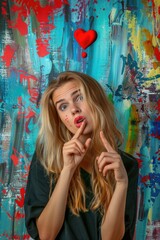 Poster - A woman making silly faces with her fingers, great for humor and entertainment needs