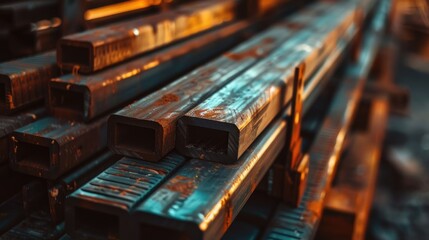 Steel rods and iron profiles stacked up