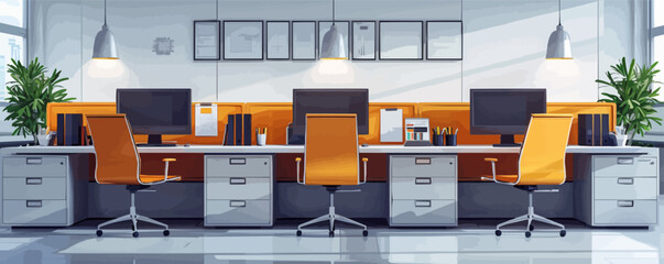 Modern office cubicles with computers and desks Vector flat minimalistic isolated