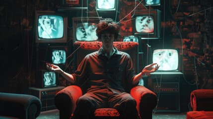 Aufkleber - A person sitting in front of multiple TVs with various channels playing