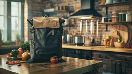 Poster - A backpack sitting on a wooden table, perfect for use in travel or outdoor scenes