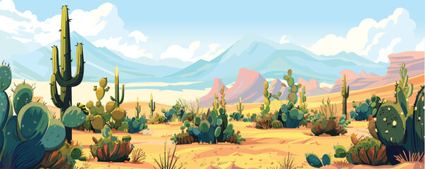 Cartoon desert landscape with cactus, hills, sun and mountains silhouettes, vector horizontal panorama background