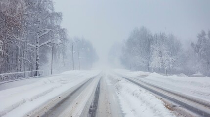 Wall Mural - Snowy winter road in Russian blizzard with heavy snowfall