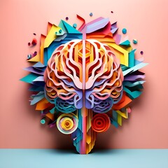 Wall Mural -  paper-craft-illustration-of-brain-filled-with-multi-colored-geometric-shapes-creative-mind 