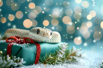 Wall Mural - A snake is laying on top of a green box with a red ribbon