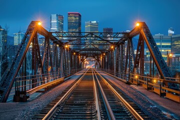 Poster - A train travels along city tracks flanked by tall buildings, offering a glimpse into urban life