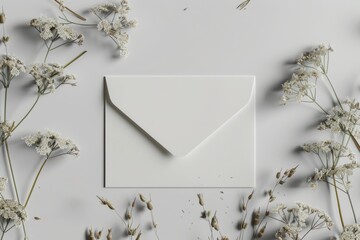 Poster - A simple white envelope surrounded by dried flowers on a clean white surface
