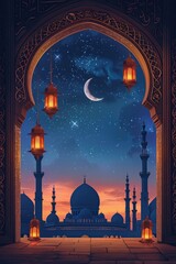 Aufkleber - A nighttime scene of a mosque illuminated by lanterns, providing a peaceful atmosphere