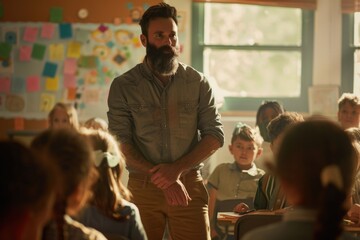 Aufkleber - A teacher stands at the front of a classroom filled with students, preparing to teach