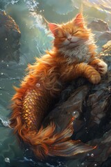 Wall Mural - A cat is sleeping on a rock with a tail sticking out of the water