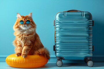 Wall Mural - A cat wearing sunglasses sits on a yellow beach ball next to a blue suitcase