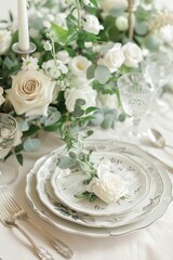 Aufkleber - A beautifully set dining table with white flowers and silverware, perfect for special occasions or romantic dinners