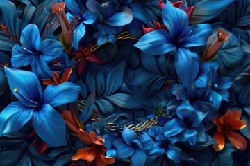 Poster - A detailed view of a bunch of bright blue flowers