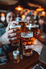Poster - Group of friends celebrating with cold beer and cheerful atmosphere