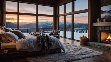 Sticker - Open floor cabin bedroom with cozy fireplace and scenic winter view. Realistic photography