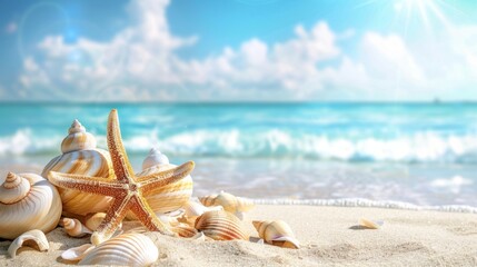 Wall Mural - Seashells and Starfish on Sandy Beach with Blue Ocean Waves in Background. Ideal for Summer and Beach-Themed Concepts. Bright Colors and Relaxing Vibe. Perfect for Travel and Nature Themes. AI