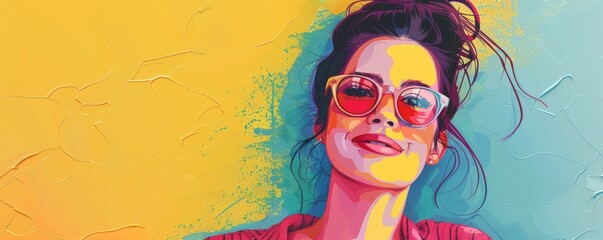 Happy woman in sunglasses against a colorful background.