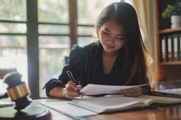 Poster - A person sitting at a desk with a pen and paper, focused on writing