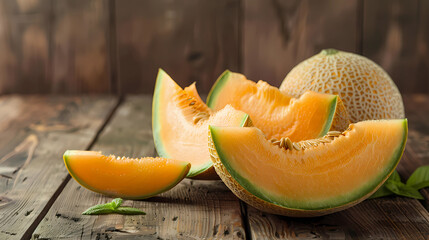 Wall Mural - Fresh and juicy ripe muskmelon sliced from the whole fruit, isolated on a wooden background.