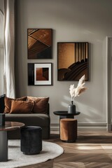 Aufkleber - A cozy living room with various pieces of furniture and a large window for natural light