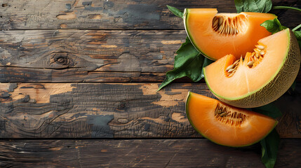 Wall Mural - Fresh and juicy ripe muskmelon sliced from the whole fruit, isolated on a wooden background.