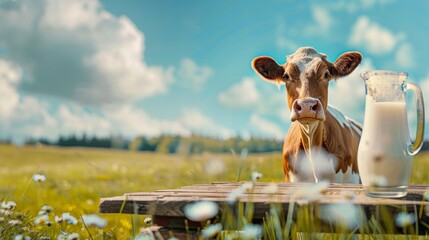 Poster - Lovely cow in a scenic field with a jug of fresh milk. This countryside image showcases the purity of nature. Ideal for concepts related to dairy, farming, and rural life. AI