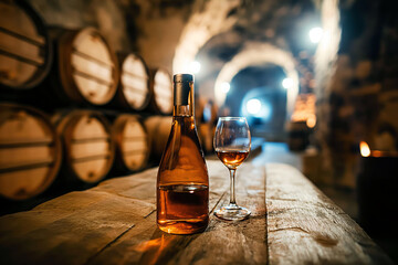 Wall Mural - Close-up of bottle and glass of fortified wine on background of wooden barrels in cellar of winery.