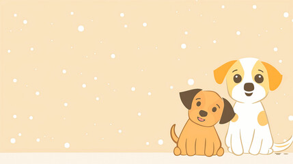 Cute Cartoon Illustration of Two Adorable Puppies Sitting Together with a Snowy Background