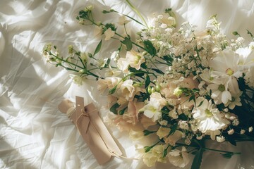 Poster - A bouquet of white flowers sitting on a bed, perfect for a romantic or peaceful scene