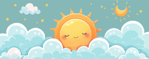 Wall Mural - A cheerful sun peeking out from behind fluffy clouds. Vector flat minimalistic isolated illustration.