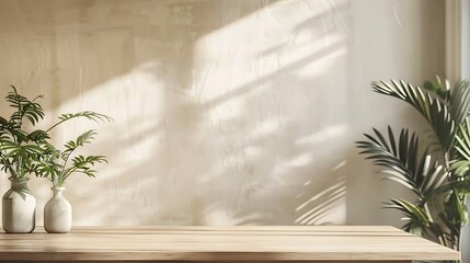 Poster - Minimalist Interior Design with Wooden Table and Plants