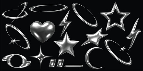 a collection of 3d metallic shapes on a black background, including stars, hearts, lightning bolts, 