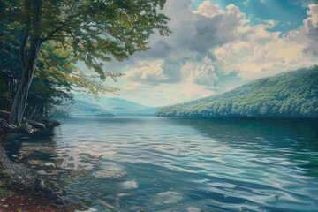 Poster - A serene lake scene with lush green trees surrounding the water's edge, great for environmental or nature-themed designs