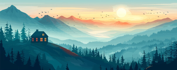 Wall Mural - A serene mountaintop retreat with panoramic views of the landscape. Vector flat minimalistic isolated illustration.