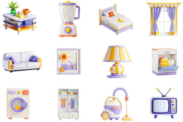 Poster - Home and Living concept of 3D icons set in modern web design. Pack isolated objects of table coffee, blender, bed, window curtains, sofa, lamp, dishwasher, washing machine and other illustrations.