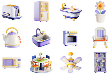 Poster - Home and Living concept of 3D icons set in modern web design. Pack isolated objects of toaster, fridge, bathtub, plant pot, kettle, washbasin, stove, armchair, microwave, lamp and other illustrations.