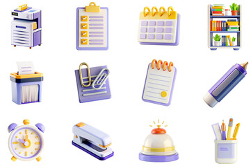 Poster - Office and Business concept of 3D icons set in modern web design. Pack isolated objects of clipboard, calendar, bookshelf, paper shredder, clips, notes, notebook, pen, stapler and other illustrations.