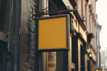 Poster - A bright yellow sign hangs from the side of a building, providing a pop of color and attention