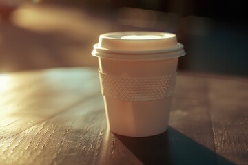 Wall Mural - A coffee cup sits on a wooden table