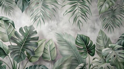 Wall Mural - Tropical plant painting on watercolor texture background, gray tones, ideal for interior wall murals,generative ai