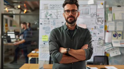 Wall Mural - A man in a black shirt stands in front of a white board with a lot of writing on