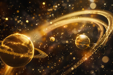 Wall Mural - golden stars, galaxy and planets in the black space, artistic background