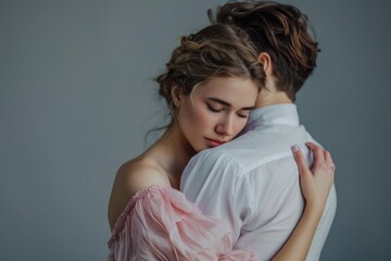 Poster - A woman and man sharing an intimate moment, dressed casually for a relaxed occasion