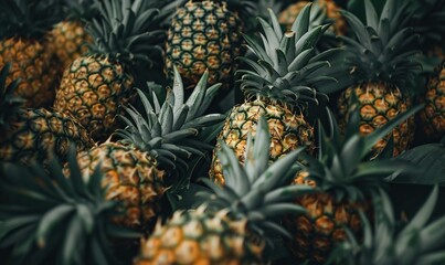 Juicy yellow pineapples with green leaves displayed in a tropical fruit setting