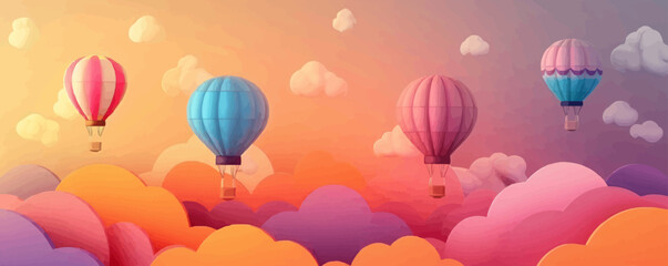 Poster - Nostalgic hot air balloon with woven basket and clouds Vector flat minimalistic isolated illustration