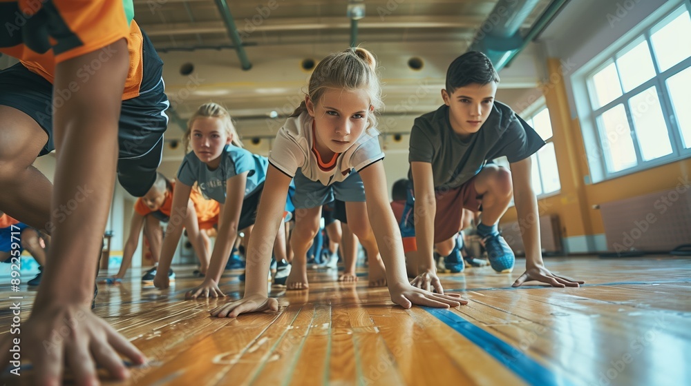 Children getting ready for a sprint race during gym class, promoting ...
