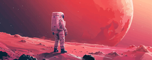 Wall Mural - sci-fi astronaut exploring a distant planet's surface vector flat minimalistic isolated illustration