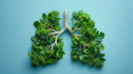 Fresh green foliage forms human lungs shape on blue background